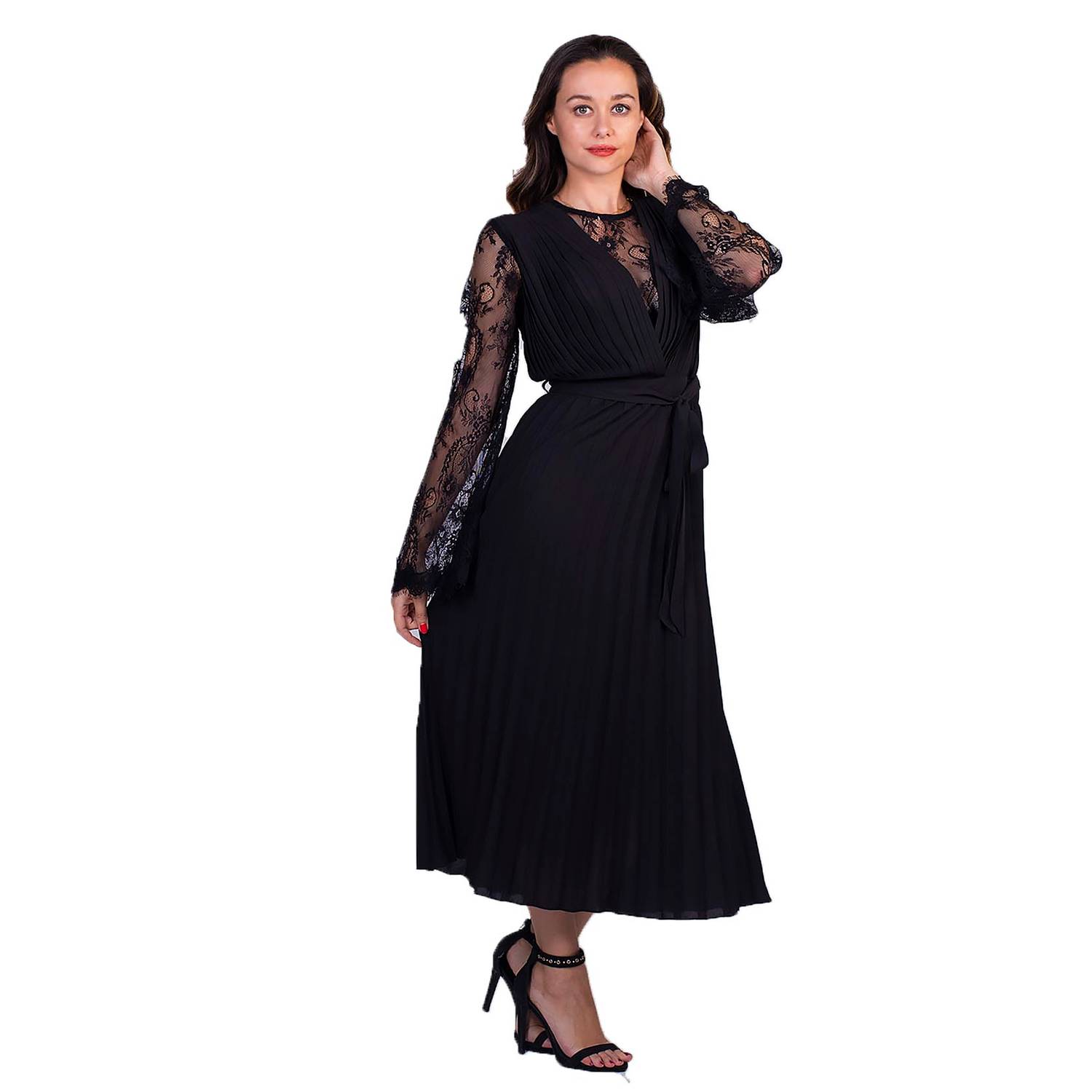 ELVI Black Pandora Pleated Midi Dress with Lace Inserts Size 14 ELVI Black Pandora Pleated Midi Dress with Lace Inserts Size 14