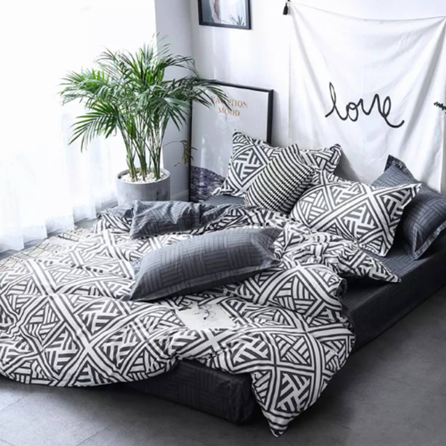 Luna Home Queen/double Size 6 Pieces Bedding Set Without Filler ,gray Geometric Design Luna Home Queen/double Size 6 Pieces Bedding Set Without Filler ,gray Geometric Design