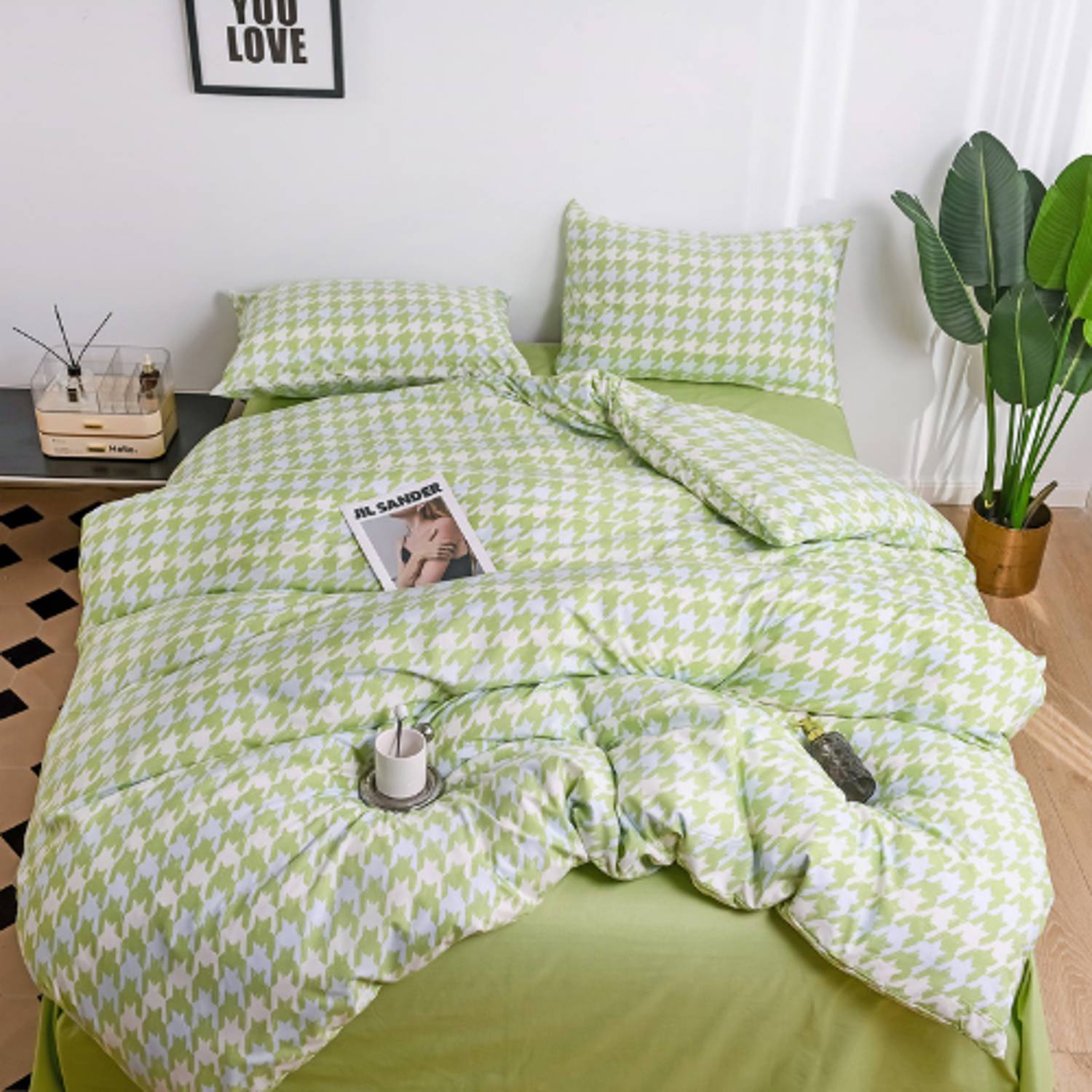Luna Home Single Size 4 Pieces Bedding Set Without Filler, Checkered Design Green Color Luna Home Single Size 4 Pieces Bedding Set Without Filler, Checkered Design Green Color