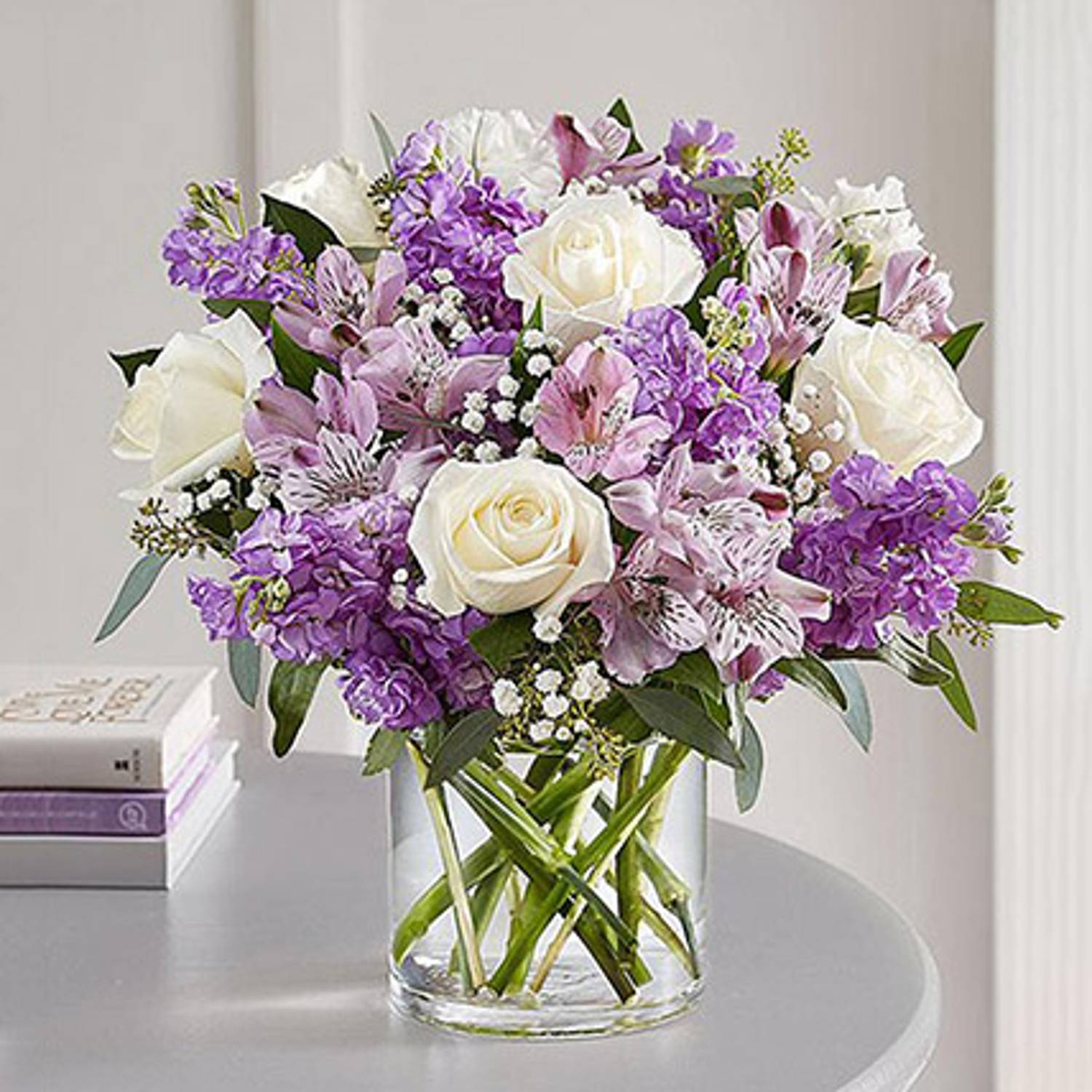 Purple & White Floral Bunch In Glass Vase Purple & White Floral Bunch In Glass Vase