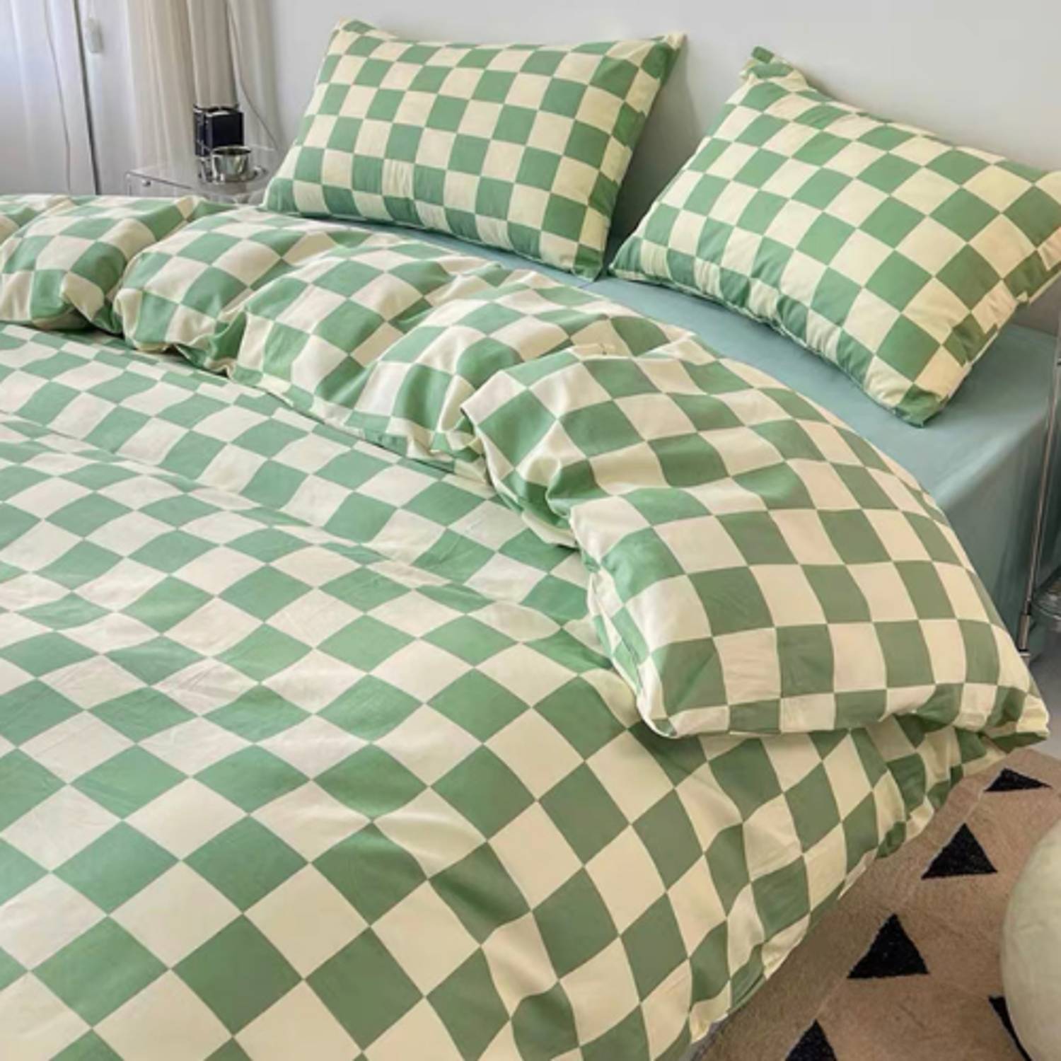 Luna Home Queen/double Size 6 Pieces Bedding Set Without Filler, Green Checkered Design Luna Home Queen/double Size 6 Pieces Bedding Set Without Filler, Green Checkered Design