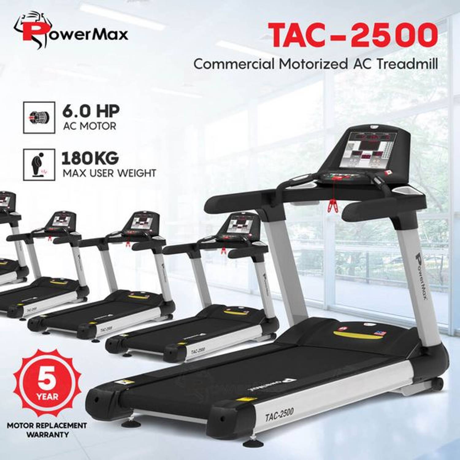 PowerMax 6.0HP Commercial Fitness Treadmill with Automatic Incline 180KG TAC-2500 PowerMax 6.0HP Commercial Fitness Treadmill with Automatic Incline 180KG TAC-2500