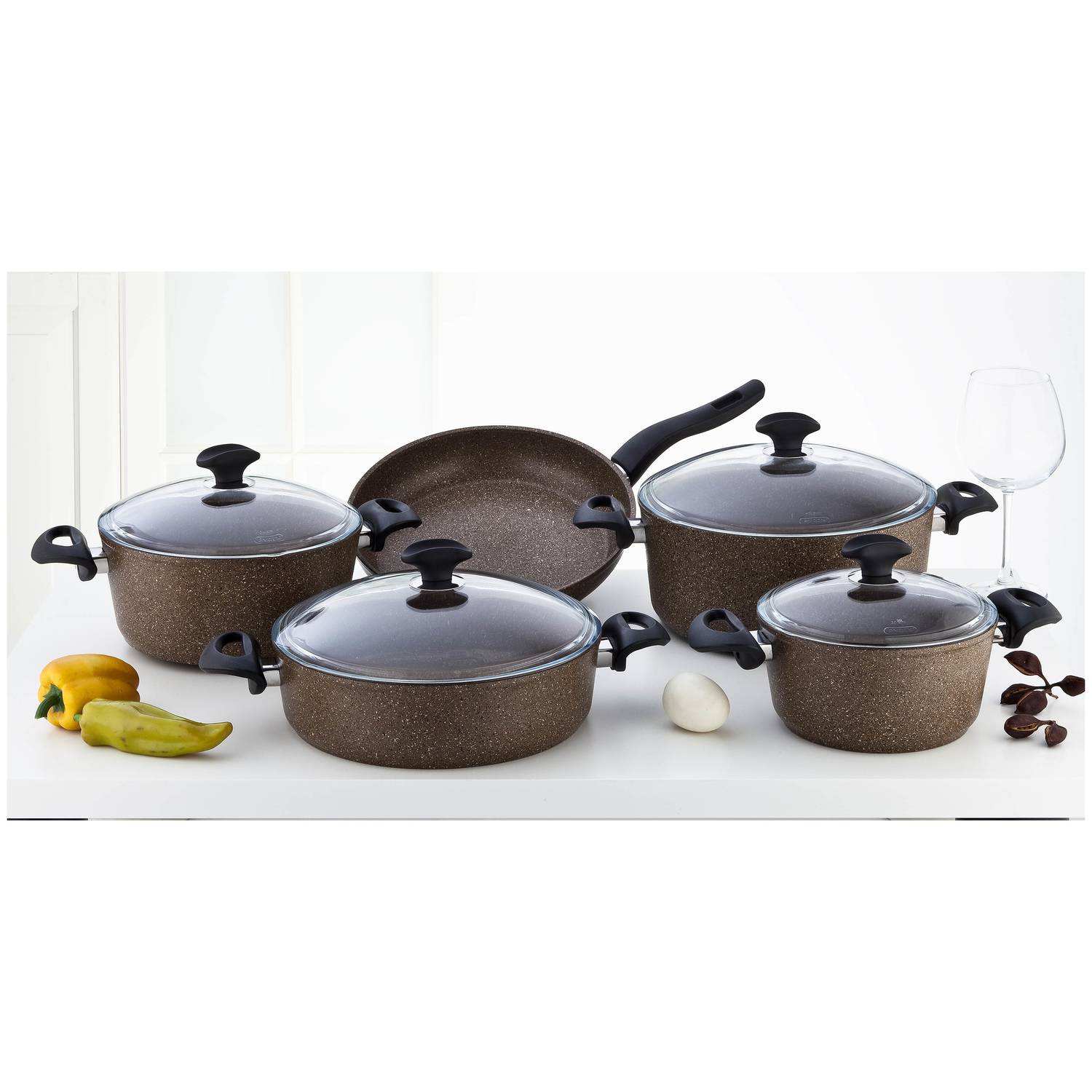 Falez Brown Premium Forged 9pcs Cookware Set Falez Brown Premium Forged 9pcs Cookware Set