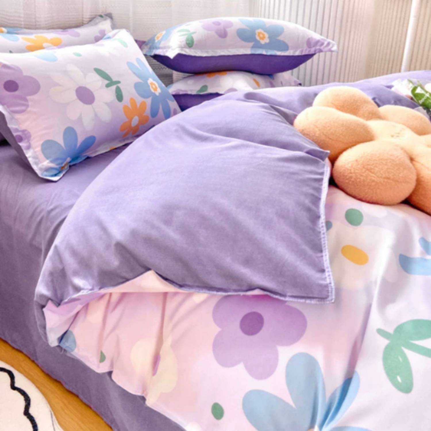 لونا هوم طقم شراشف حجم مفرد 4 قطع بدون حشو، لون أرجواني تصميم ورد لطيف لونا هوم طقم شراشف حجم مفرد 4 قطع بدون حشو، لون أرجواني تصميم ورد لطيف