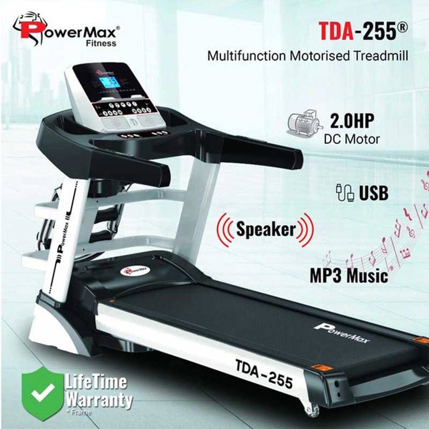 PowerMax 2.0HP, Multifunction Treadmill with Auto Incline for Cardio fitness workout TDA-255 PowerMax 2.0HP, Multifunction Treadmill with Auto Incline for Cardio fitness workout TDA-255
