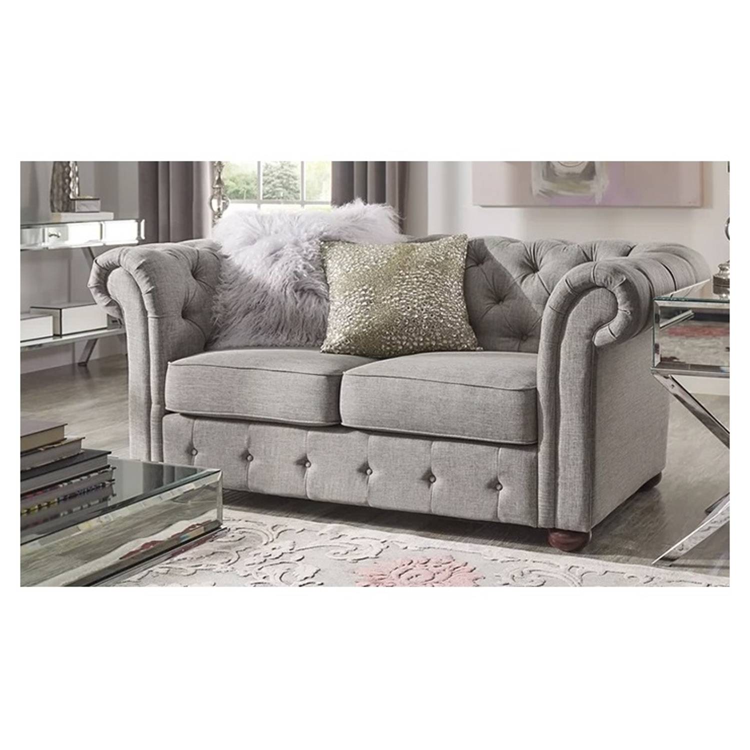 Vegard Tufted Chesterfield Loveseat in Grey Color Vegard Tufted Chesterfield Loveseat in Grey Color