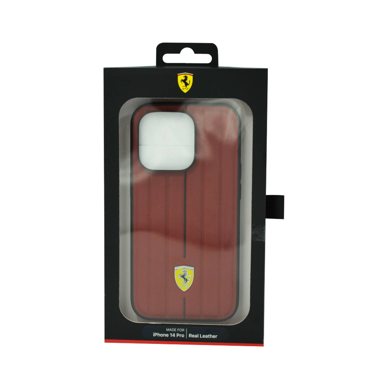 Ferrari Leather Case With Embossed Stripes Yellow Shield Logo For Iphone 14 Pro Red Ferrari Leather Case With Embossed Stripes Yellow Shield Logo For Iphone 14 Pro Red