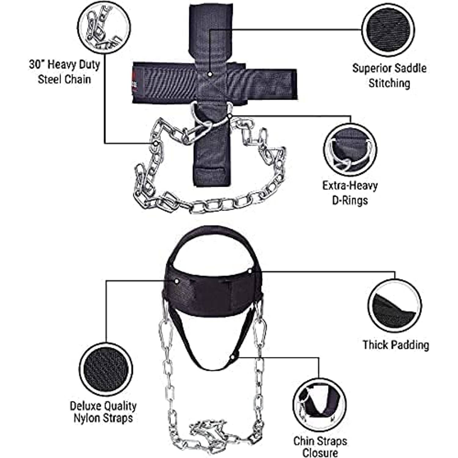 ULTIMAX Neck Harness for Weight Lifting Neck Workout Builder Equipment for Training Gym Exerciser Head Harness Injury Recovery Adjustable Long Steel Chain and D-Rings Strap Improve Muscle Strength ULTIMAX Neck Harness for Weight Lifting Neck Workout Builder Equipment for Training Gym Exerciser Head Harness Injury Recovery Adjustable Long Steel Chain and D-Rings Strap Improve Muscle Strength