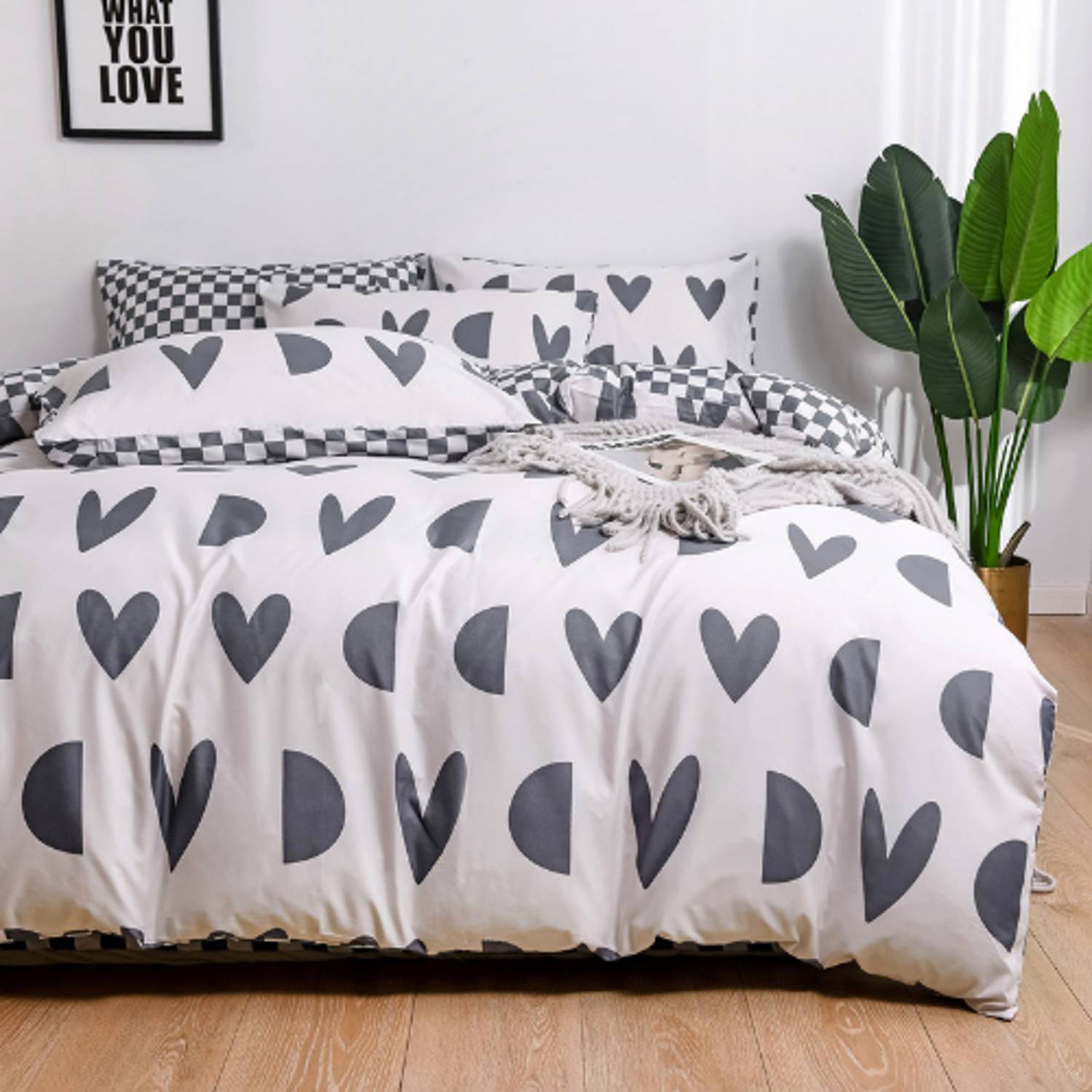 Luna Home King Size 6 Pieces Bedding Set Without Filler, Hearts And Checkered Design Grey And White Color Luna Home King Size 6 Pieces Bedding Set Without Filler, Hearts And Checkered Design Grey And White Color