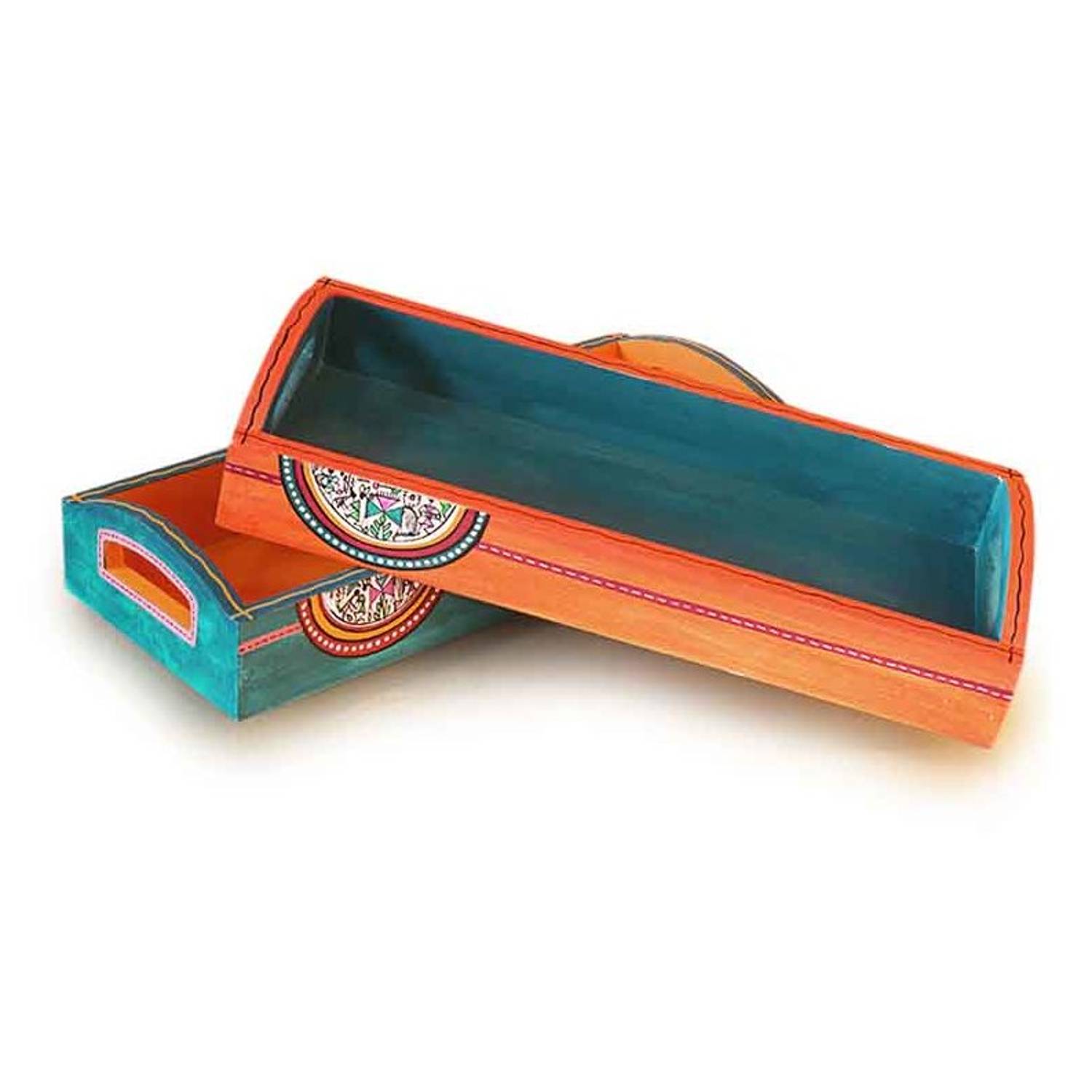 Sunset Orange & Ocean Blue Handpainted Warli Runner Tray Set Sunset Orange & Ocean Blue Handpainted Warli Runner Tray Set