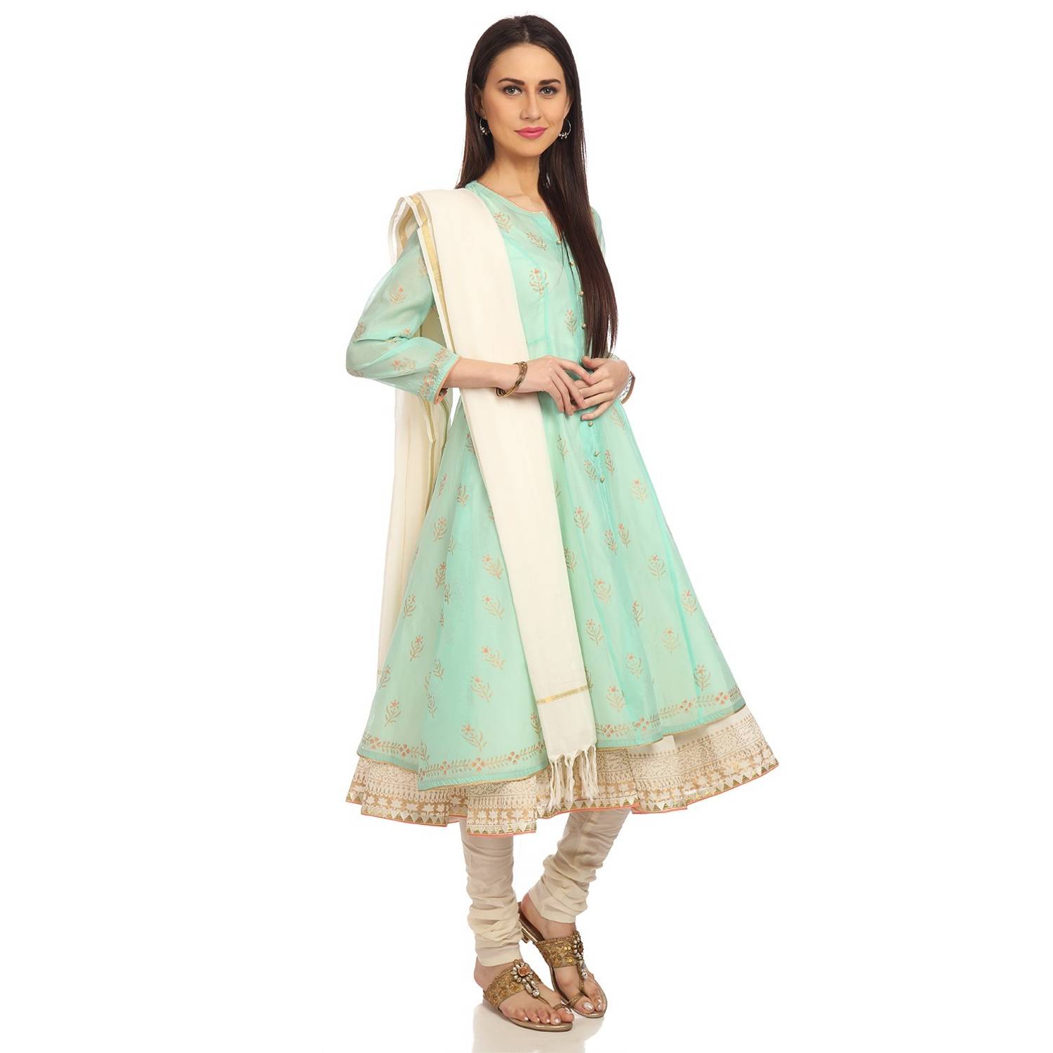 BIBA Aqua & Off White Front Open Anarkali Suit Set Size 34 BIBA Aqua & Off White Front Open Anarkali Suit Set Size 34