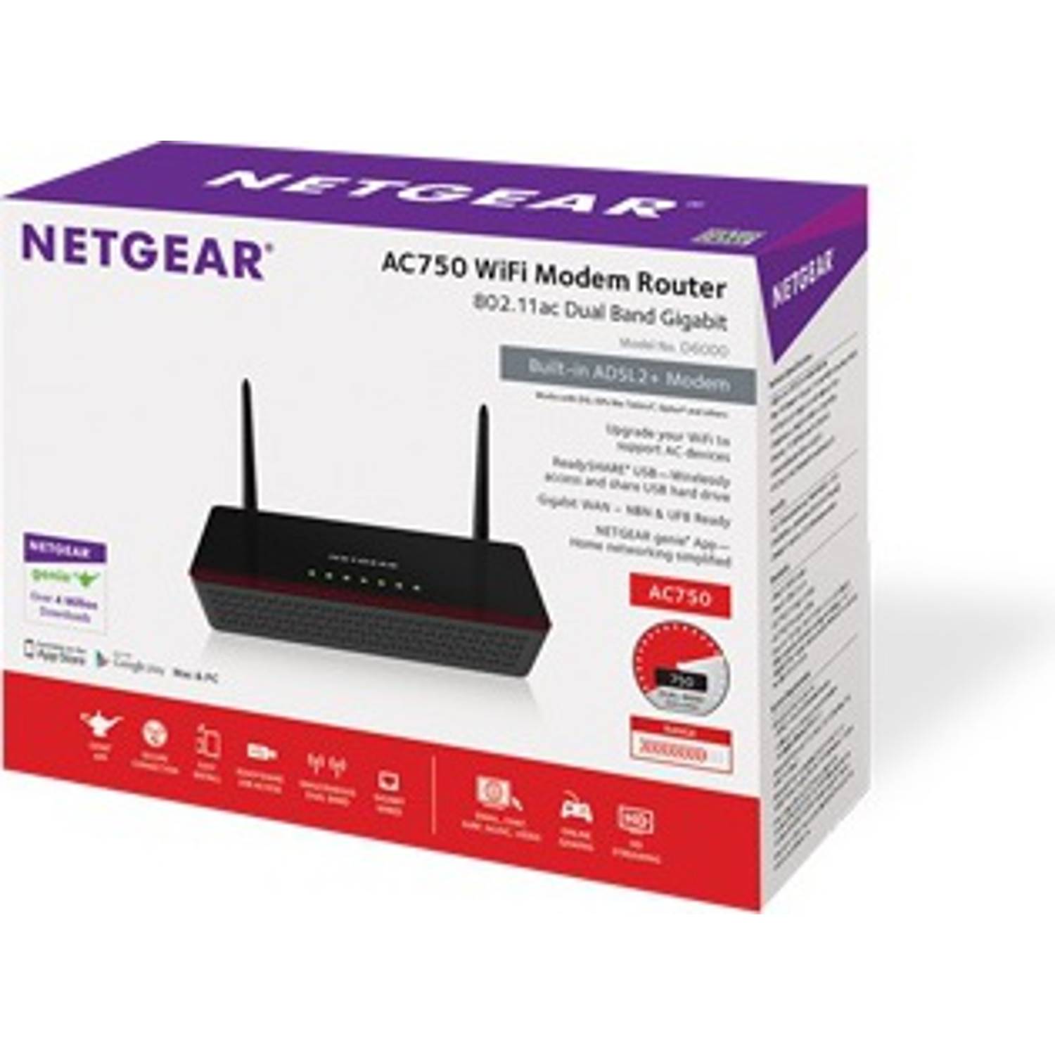Netgear D6000100PES Wireless AC750 Gigabit DSL Modem Router Netgear D6000100PES Wireless AC750 Gigabit DSL Modem Router
