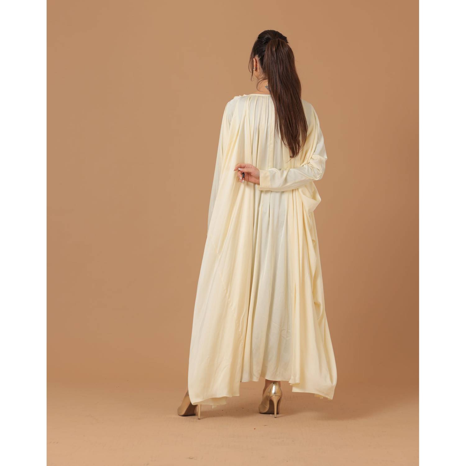 Pure Silk Cream Pleated Sleeves Abaya Pure Silk Cream Pleated Sleeves Abaya