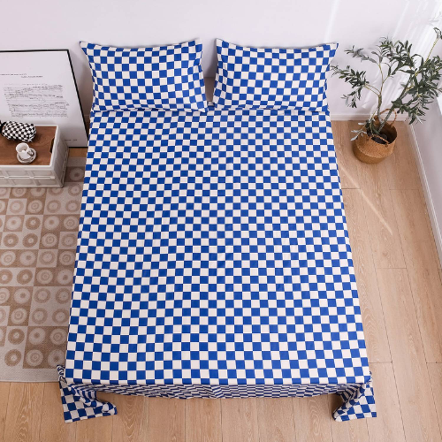 Luna Home 3 Pieces Bedsheet Set, Blue Color Checkered Design Luna Home 3 Pieces Bedsheet Set, Blue Color Checkered Design