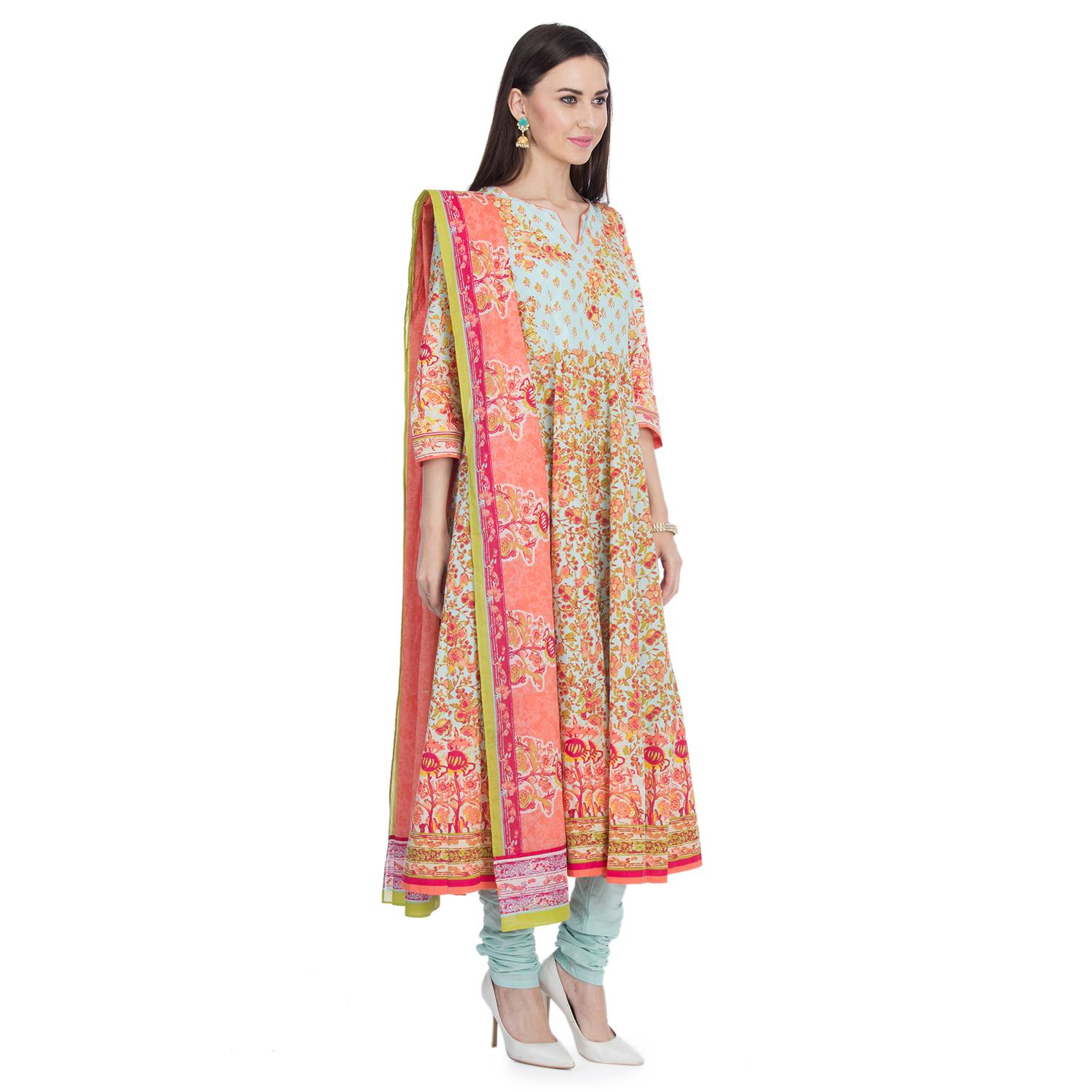 BIBA Aqua & Coral Printed Anarkali Suit Set Size 40 BIBA Aqua & Coral Printed Anarkali Suit Set Size 40