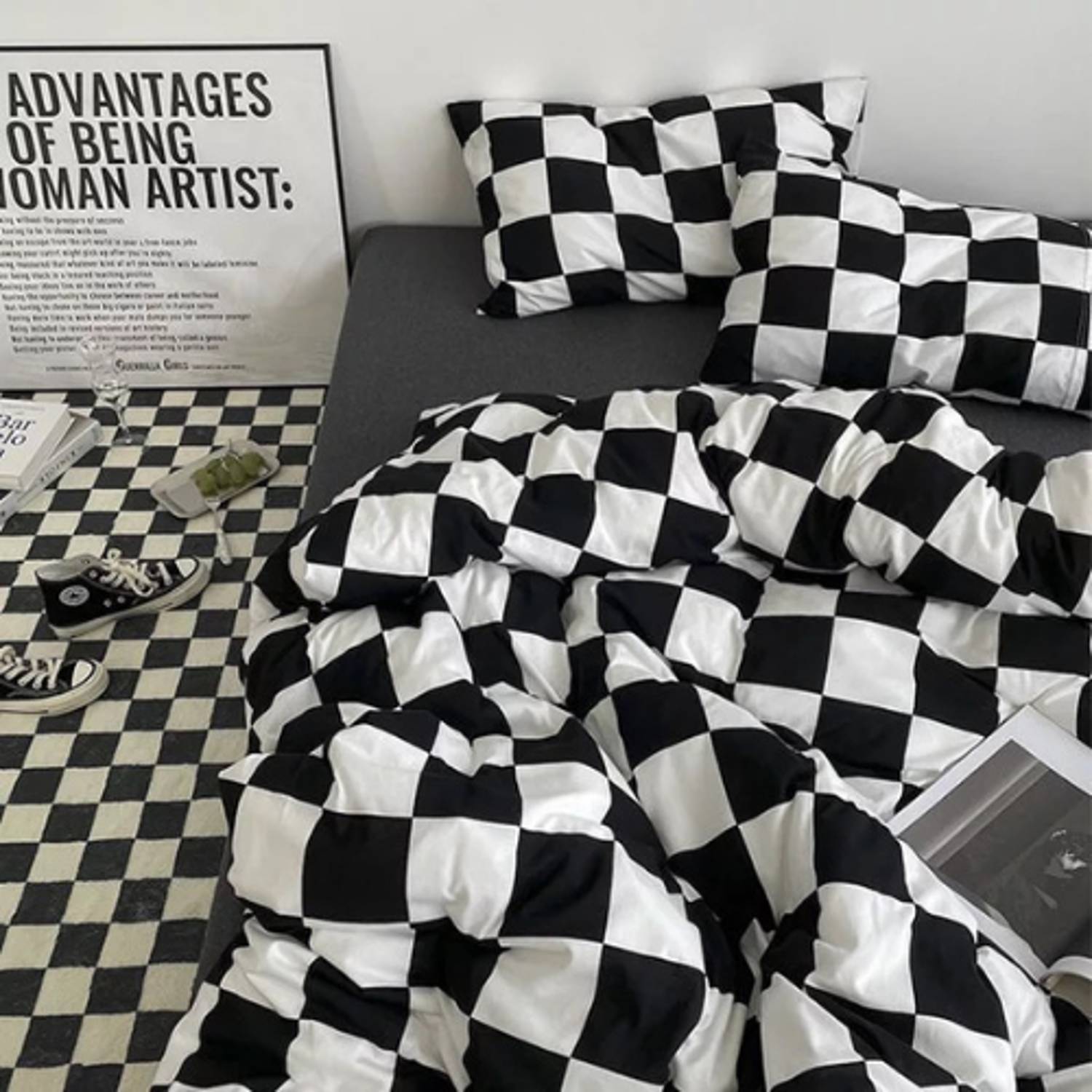 Luna Home Queen/double Size 6 Pieces Bedding Set Without Filler, Black And White Checkered Design Luna Home Queen/double Size 6 Pieces Bedding Set Without Filler, Black And White Checkered Design