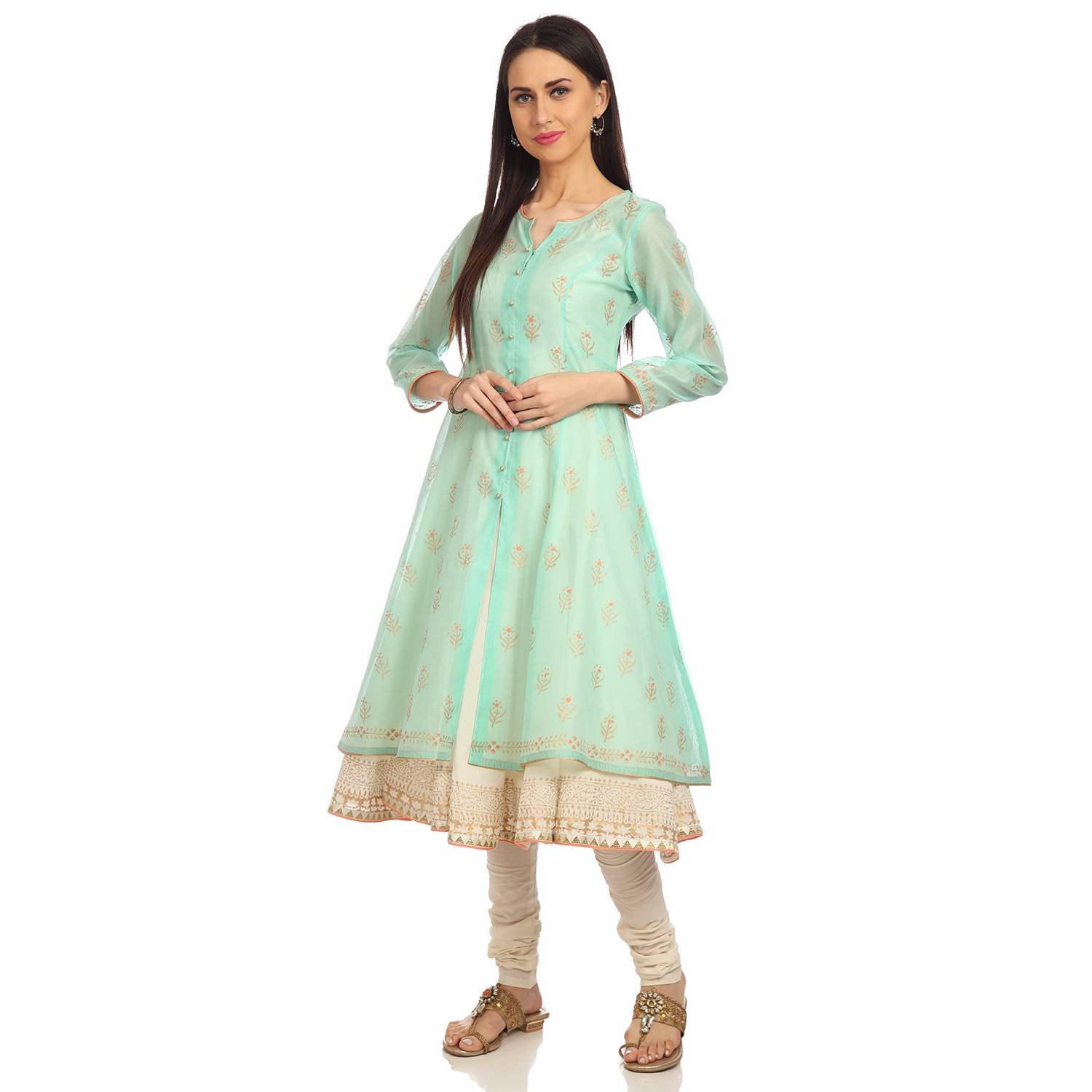 BIBA Aqua & Off White Front Open Anarkali Suit Set Size 34 BIBA Aqua & Off White Front Open Anarkali Suit Set Size 34