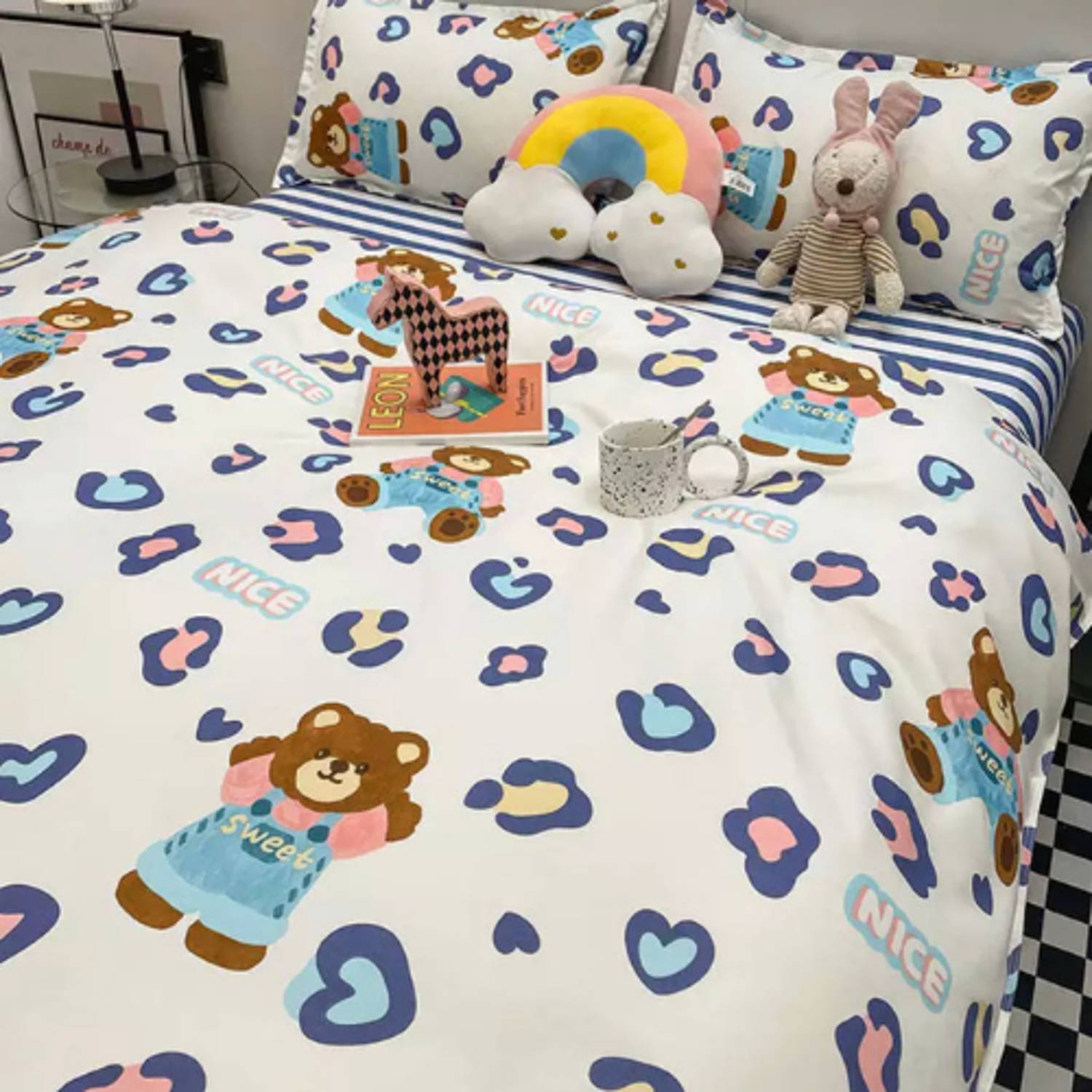 Luna Home Single Size 4 Pieces Bedding Set Without Filler, Cute Heart And Bear Design Luna Home Single Size 4 Pieces Bedding Set Without Filler, Cute Heart And Bear Design