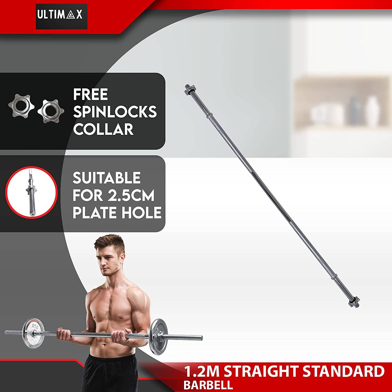 ULTIMAX Barbell Weight Bar Straight Weight Lifiting Bar Straight Threaded Bar 1 inch Diameter Solid Steel Bar with Spinlock Nuts 120 cm ULTIMAX Barbell Weight Bar Straight Weight Lifiting Bar Straight Threaded Bar 1 inch Diameter Solid Steel Bar with Spinlock Nuts 120 cm