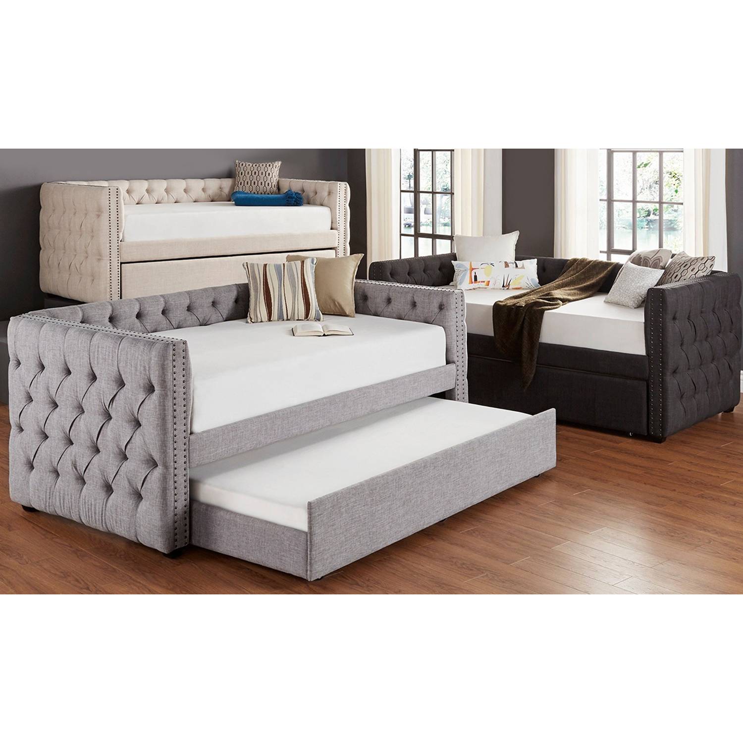Tufted Nailhead Chesterfield Daybed and Trundle Day Bed With Trundle Beige Tufted Nailhead Chesterfield Daybed and Trundle Day Bed With Trundle Beige