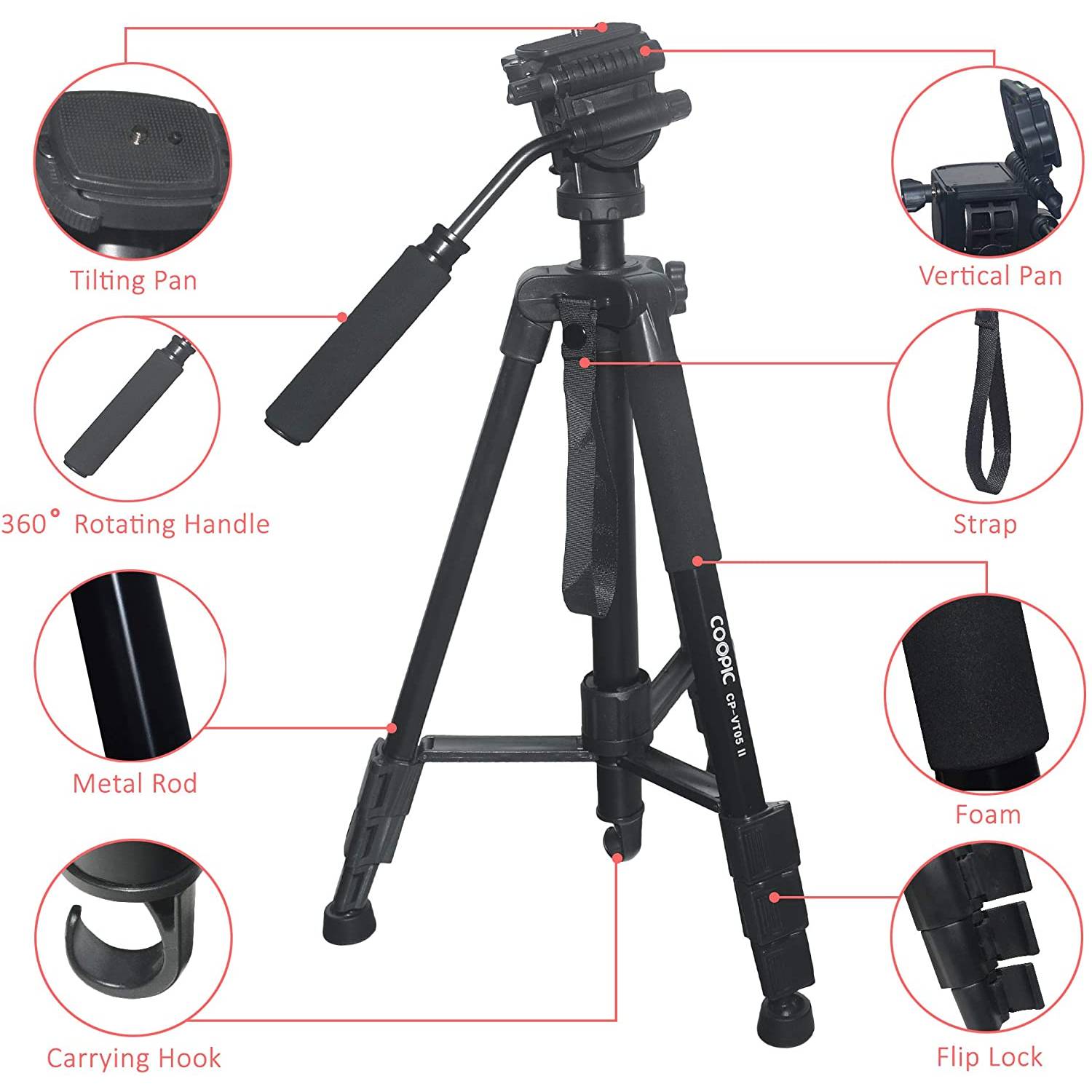 Coopic Cp Vt-05 Ii Foldable Tripod With Max Height 165cm/65inch Removable Monopod With Horizontal Fluid Pan Head For Camera And Camcorder Photography Load Up To 5kg. Coopic Cp Vt-05 Ii Foldable Tripod With Max Height 165cm/65inch Removable Monopod With Horizontal Fluid Pan Head For Camera And Camcorder Photography Load Up To 5kg.