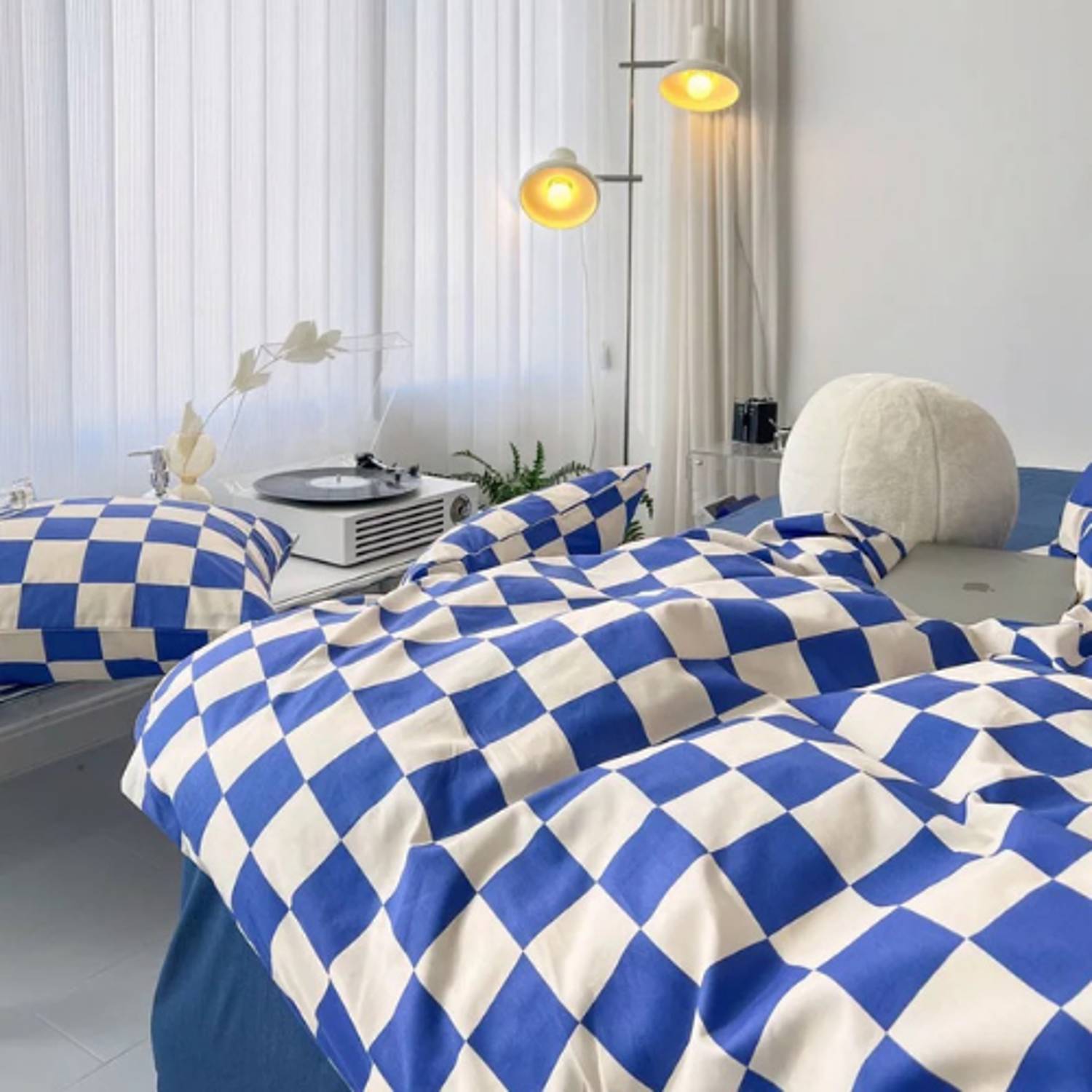 Luna Home Single Size 4 Pieces Bedding Set Without Filler, Blue And White Checkered Design Luna Home Single Size 4 Pieces Bedding Set Without Filler, Blue And White Checkered Design