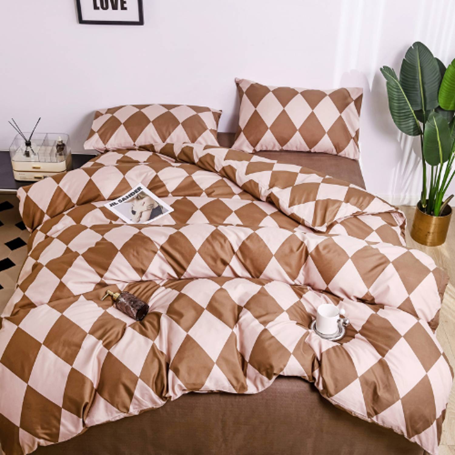 Luna Home Single Size 4 Pieces Bedding Set Without Filler, Rhombs Design Brown Color Luna Home Single Size 4 Pieces Bedding Set Without Filler, Rhombs Design Brown Color