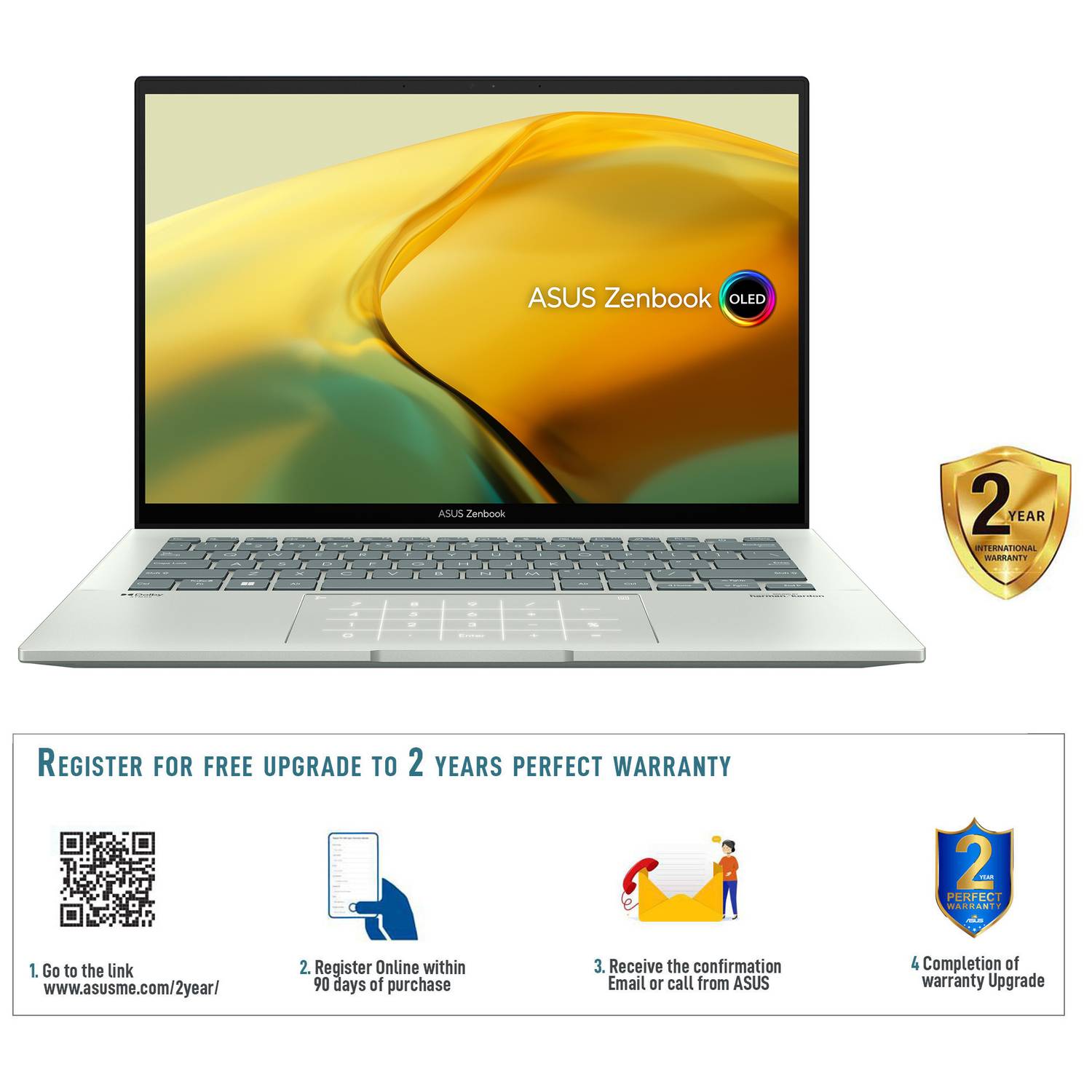 Asus Zenbook 14 OLED UX3402ZA-OLED1Q7W Slim Laptop – Core i7 2.1GHz 16GB 1TB Shared Win11Home 14inch 2.8K Aqua Celadon English/Arabic Keyboard Asus Zenbook 14 OLED UX3402ZA-OLED1Q7W Slim Laptop – Core i7 2.1GHz 16GB 1TB Shared Win11Home 14inch 2.8K Aqua Celadon English/Arabic Keyboard