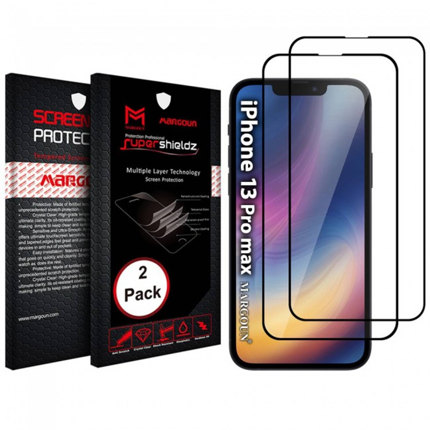 Margoun Tempered 3D Glass Screen Protector Super Shields For iPhone 13 Pro Max - 2-Pack Margoun Tempered 3D Glass Screen Protector Super Shields For iPhone 13 Pro Max - 2-Pack