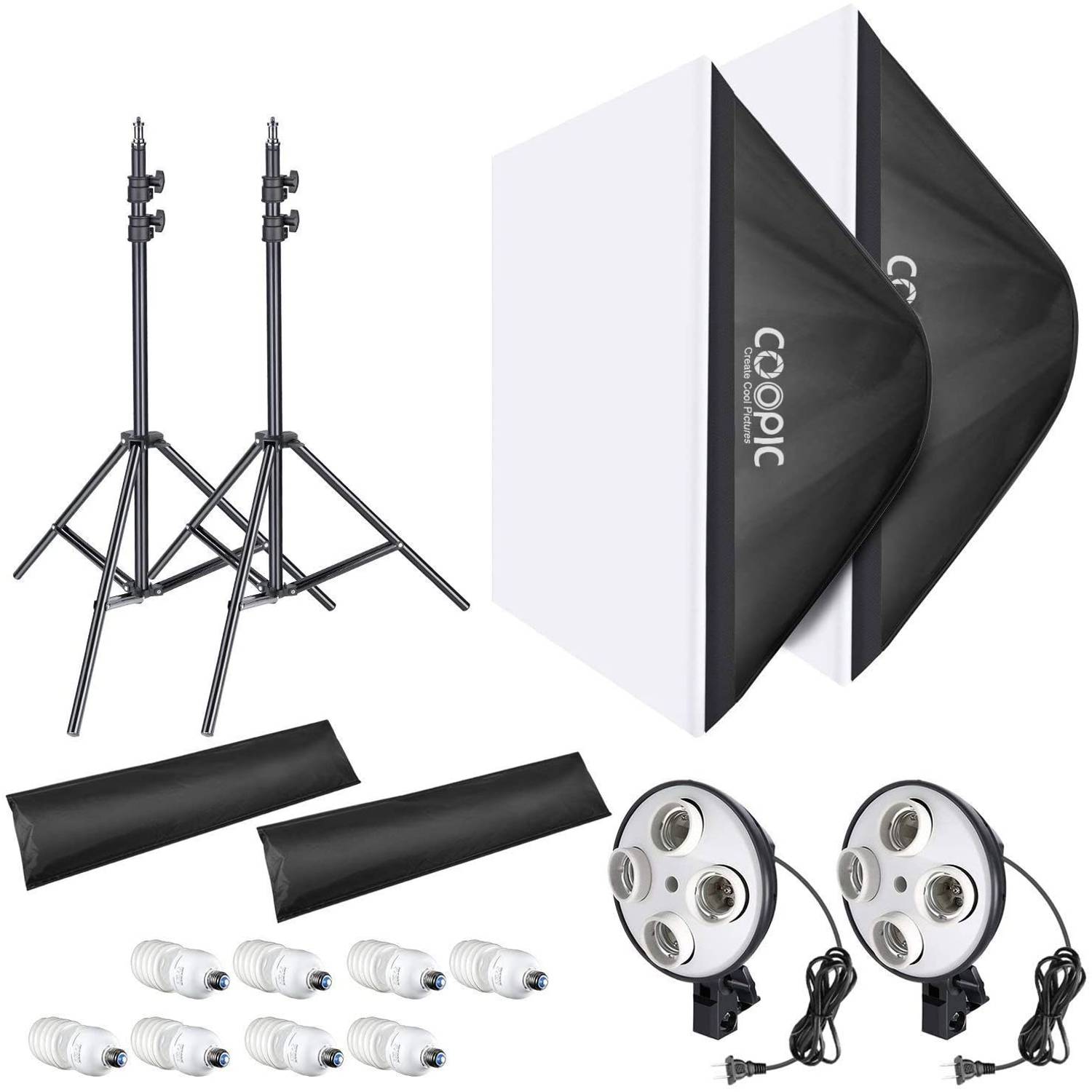 Coopic Kt-1301 Photo Studio Lighting Kit With 2pcs 50x70cm Softbox, 2pcs 4 In 1 E27 Bulb Socket, 8pcs 45w Bulbs, 2pcs 200cm Light Stand Coopic Kt-1301 Photo Studio Lighting Kit With 2pcs 50x70cm Softbox, 2pcs 4 In 1 E27 Bulb Socket, 8pcs 45w Bulbs, 2pcs 200cm Light Stand