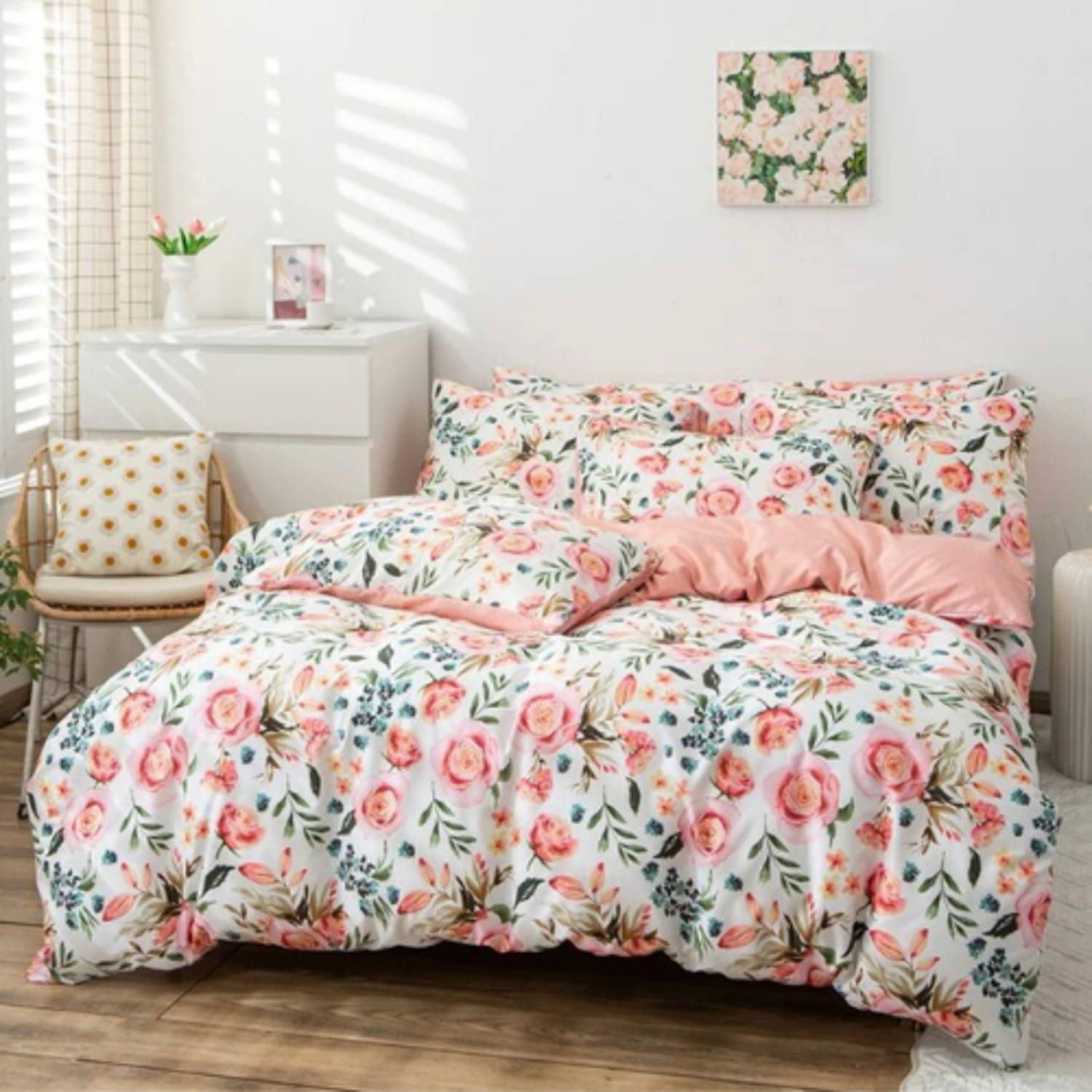 Luna Home Queen/double Size 6 Pieces Bedding Set Without Filler, Pink Roses Design Luna Home Queen/double Size 6 Pieces Bedding Set Without Filler, Pink Roses Design