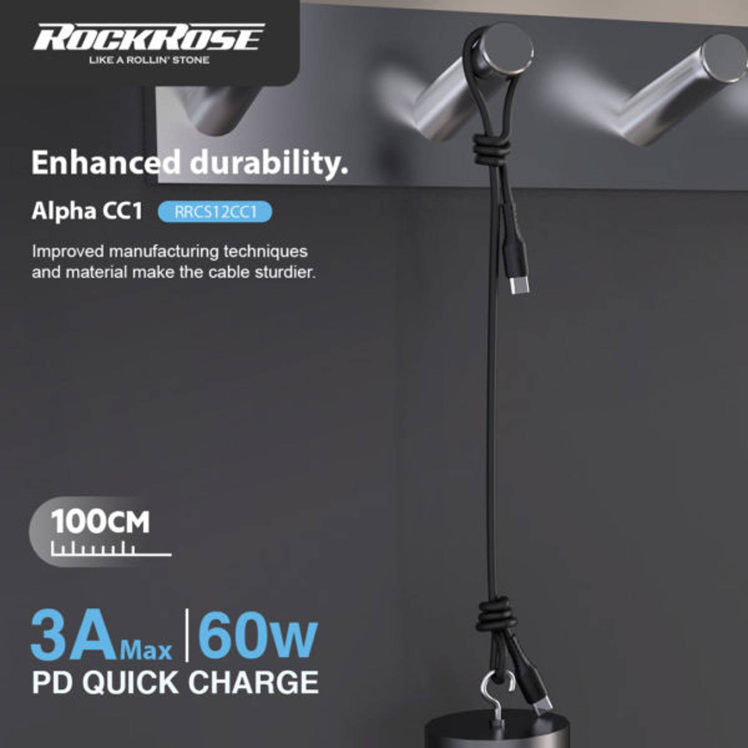 Rockrose 3A USB Type-C Cable 1m Black Rockrose 3A USB Type-C Cable 1m Black
