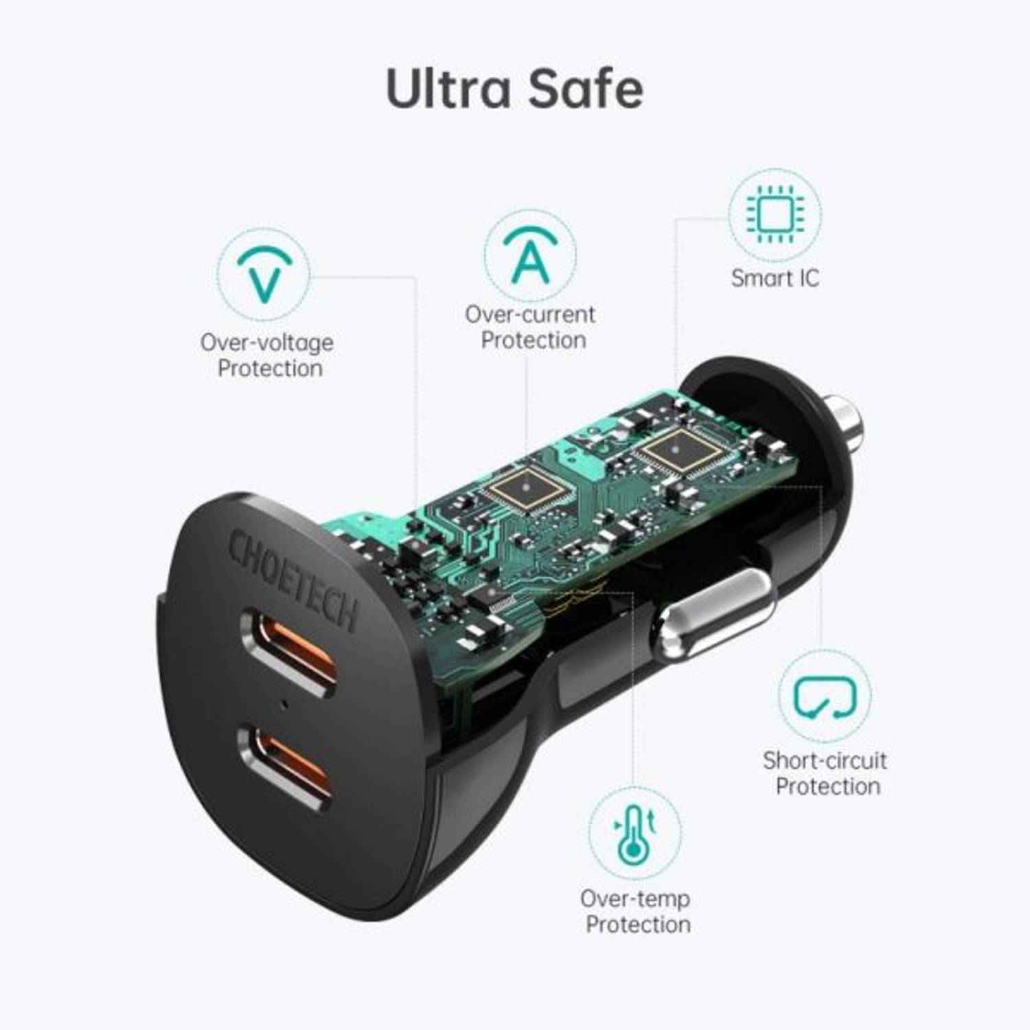 Choetech Dual USB Type-C Port Car Charger Black Choetech Dual USB Type-C Port Car Charger Black