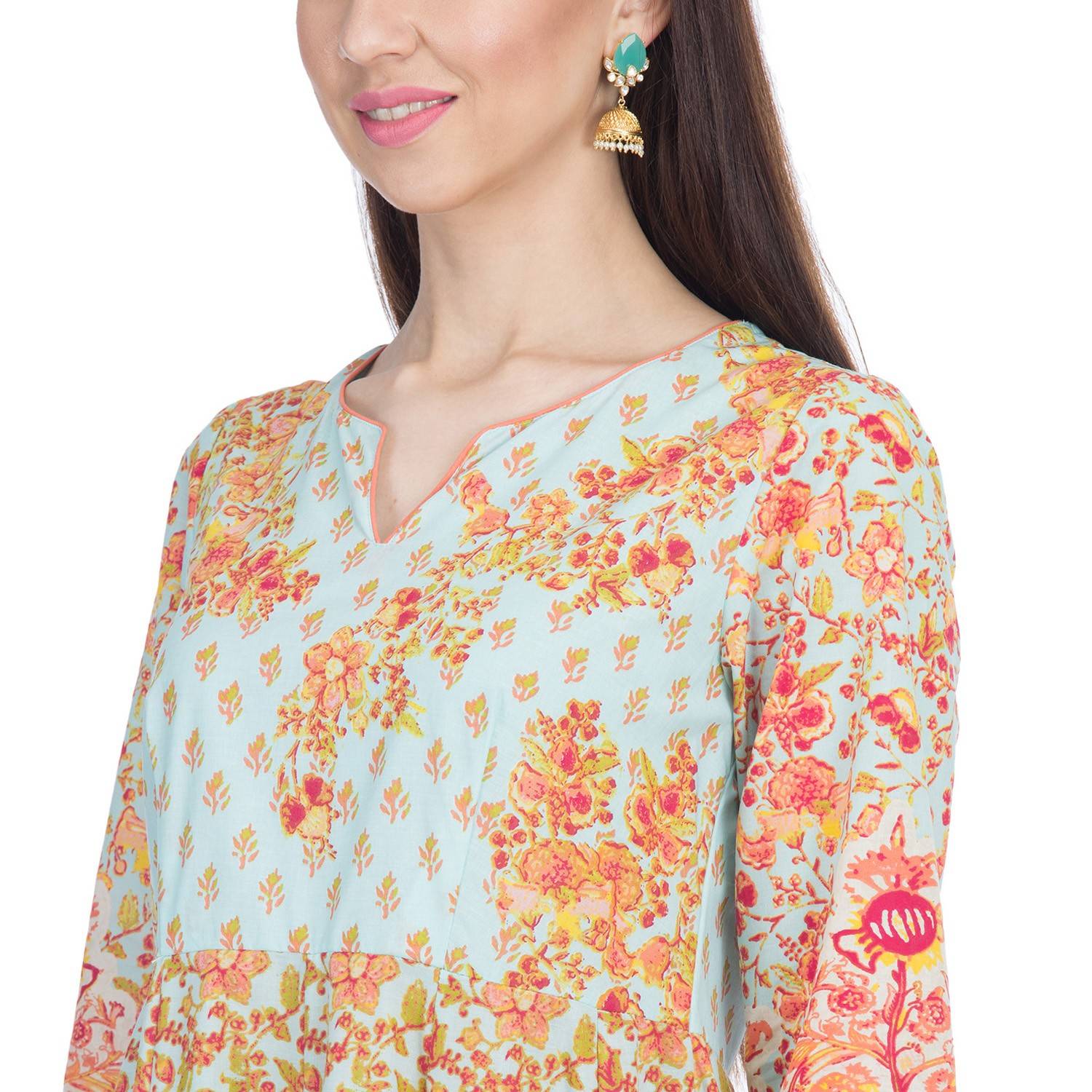 BIBA Aqua & Coral Printed Anarkali Suit Set Size 40 BIBA Aqua & Coral Printed Anarkali Suit Set Size 40