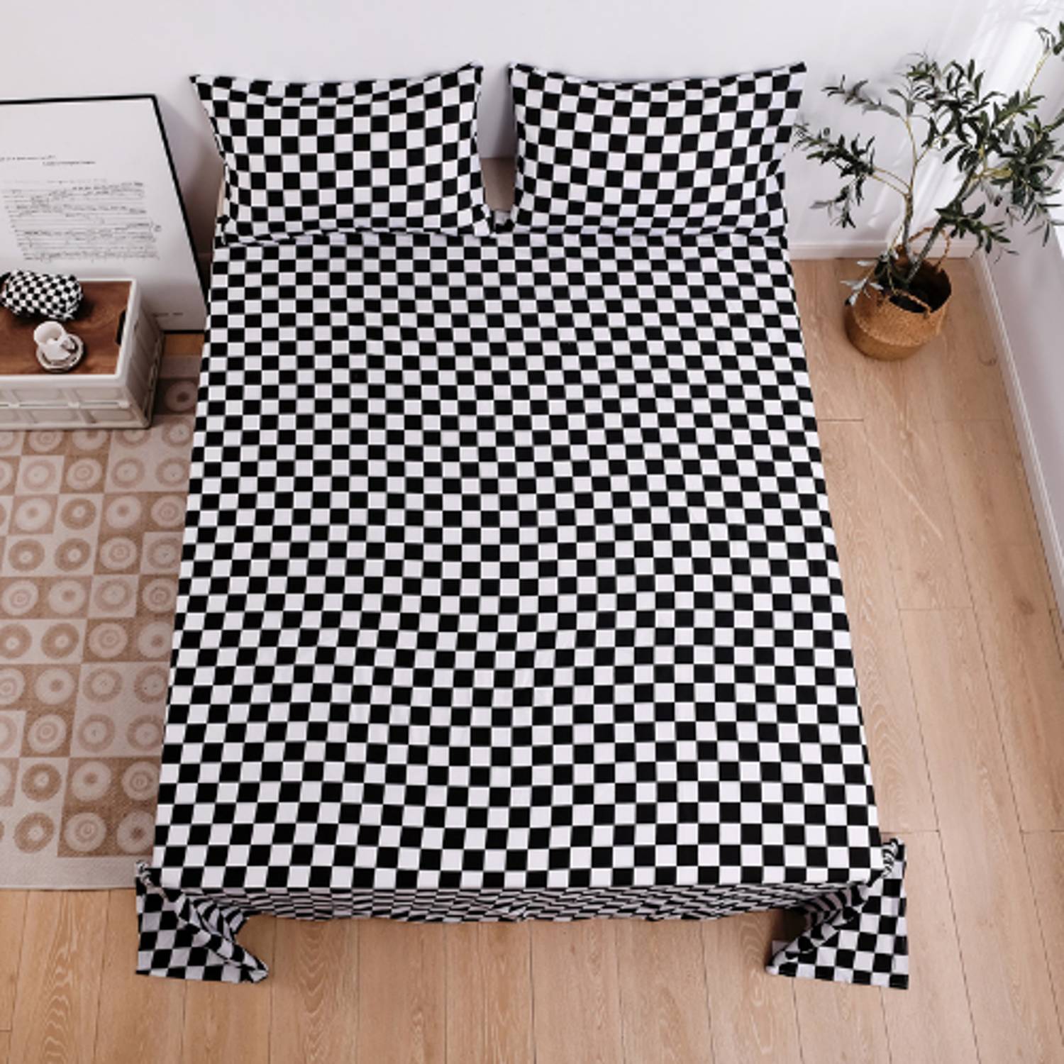 Luna Home 3 Pieces Bedsheet Set, Black Color Checkered Design Luna Home 3 Pieces Bedsheet Set, Black Color Checkered Design