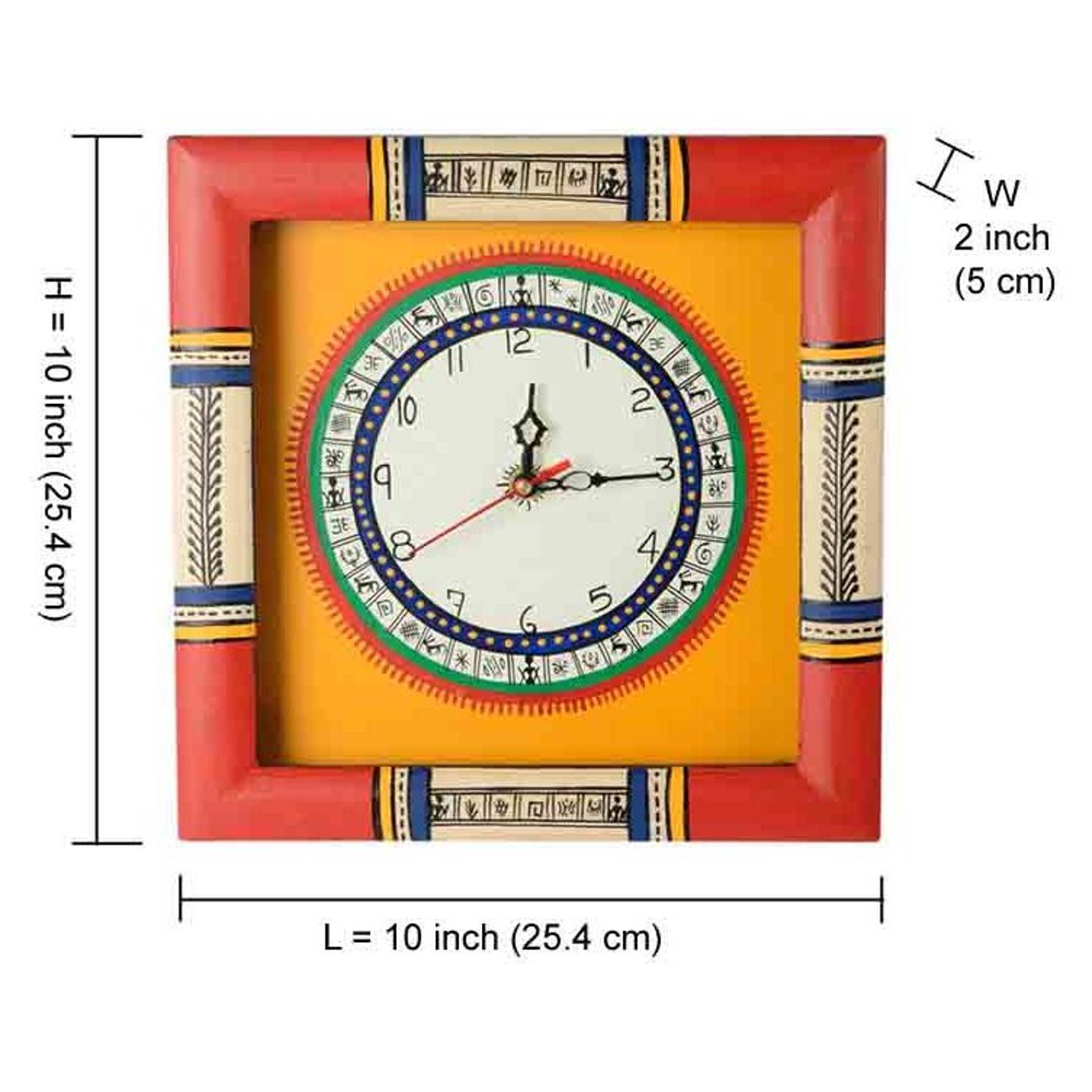 Moorni Warli Hand painted Clock 10x10inch Yellow EL-001-004 Moorni Warli Hand painted Clock 10x10inch Yellow EL-001-004