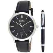 Hugo Boss Men's Silver Dial Black Leather Watch With Ballpoint Pen Gift Set