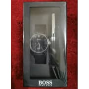 Hugo Boss Men's Silver Dial Black Leather Watch With Ballpoint Pen Gift Set