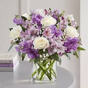 Purple & White Floral Bunch In Glass Vase