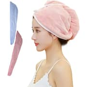 Lavish Hair Drying Towel Set 2 Pack,soft Water Absorbent Hair Towel Wrap Turban Microfiber Bath Towel With Button,dry Hair Cap For Curly Hair Women Girls (pink&blue)