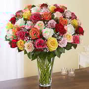 Bunch of 50 Assorted Roses In Glass Vase
