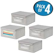 Mdesign Soft Stackable Fabric Closet Storage Organizer Holder Bin With Clear Window, Attached Hinged Lid - For Bedroom, Hallway, Entryway, Bathroom - Chevron Print - Medium, 4 Pack - Taupe/Natural