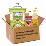Daawat Rozana Gold Basmati Rice 5Kg + White Indian Basmatii Rice, 1 Kg + Sunflower Oil 1.8L Daawat Rozana Gold Basmati Rice 5Kg + White Indian Basmatii Rice, 1 Kg + Sunflower Oil 1.8L
