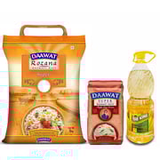 Daawat Rozana Super Basmati Rice 5Kg + White Indian Basmatii Rice, 1 Kg + Sunflower Oil 1.8L Daawat Rozana Super Basmati Rice 5Kg + White Indian Basmatii Rice, 1 Kg + Sunflower Oil 1.8L