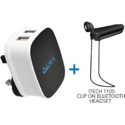 Nova AC500 Dual USB Wall Charger + Itech 1100 Bluetooth Voiceclip Headset Nova AC500 Dual USB Wall Charger + Itech 1100 Bluetooth Voiceclip Headset