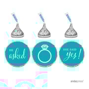 Andaz Press Chocolate Drop Labels Stickers, Wedding He Asked She Said Yes!, Aqua, 216-Pack, For Bridal Shower Engagement Hershey's Kisses Party Favors Decor