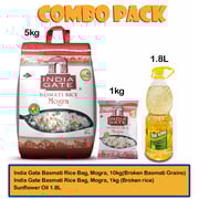 India Gate Basmati Rice Bag, Mogra, 10kg(Broken Basmati Grains) + 1Kg + Sunflower Oil 1.8L India Gate Basmati Rice Bag, Mogra, 10kg(Broken Basmati Grains) + 1Kg + Sunflower Oil 1.8L