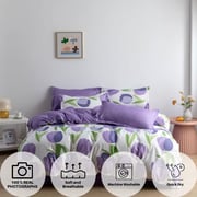 Queen/Double size 6 pieces Reversible design Pastel Purple and White with tulip duvet cover without filler. Queen/Double size 6 pieces Reversible design Pastel Purple and White with tulip duvet cover without filler.