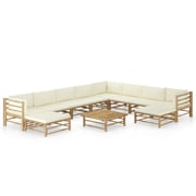 vidaXL 11 Piece Garden Lounge Set with Cream White Cushions Bamboo vidaXL 11 Piece Garden Lounge Set with Cream White Cushions Bamboo