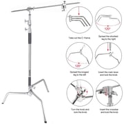 Coopic C Stand With 3 Pcs Wheel Stainless Steel 336cm/10.8ft Max. Height And 4 Feet Holding Arm Grip With Turtle Base For Studio Light Reflector